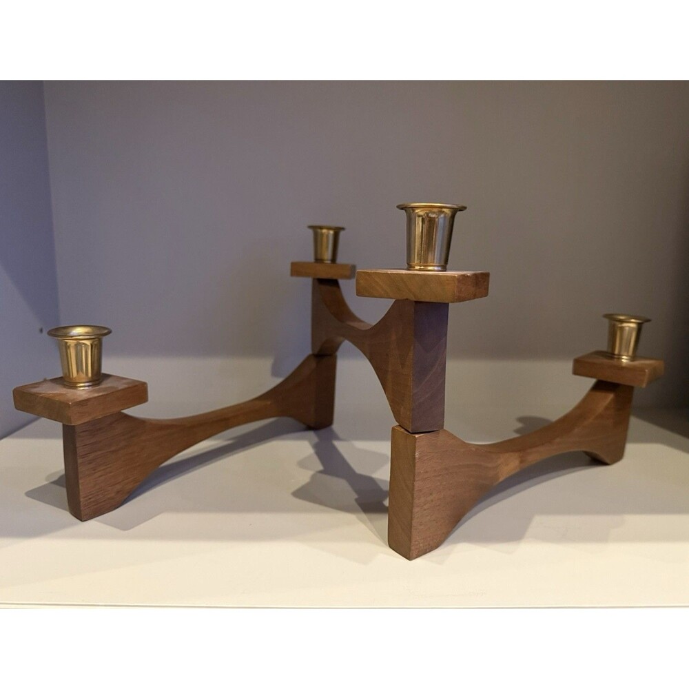 Vtg MCM Teak Wood Brass Articulated 4 Candle Holder Candelabra Danish retro